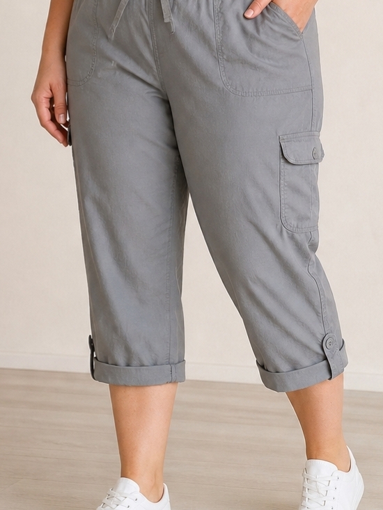 Woman Within Pants - Woman Within Gray Cargo Capri Pants 22W Plus Size 100% Cotton Elastic Waist Casu